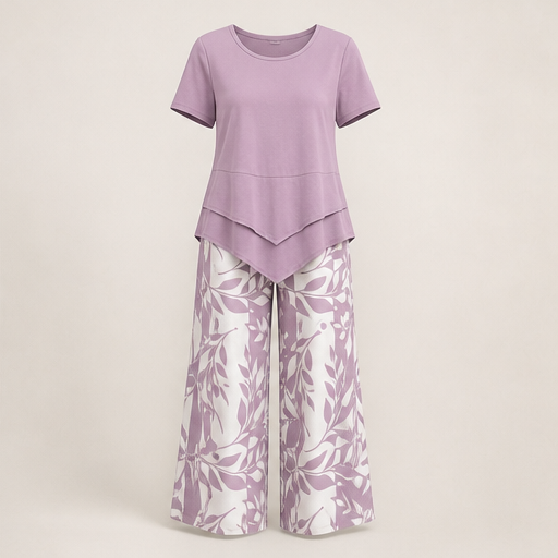 Blue Layered Tunic Top and Wide Leg Trouser Set | Round Neck Two-Piece Outfit for Women Mauve