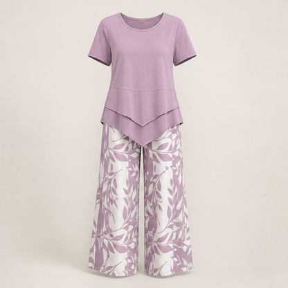 Blue Layered Tunic Top and Wide Leg Trouser Set | Round Neck Two-Piece Outfit for Women Mauve