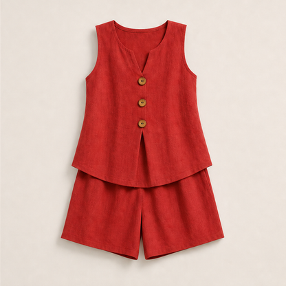 Beige Linen Two-Piece Shorts Set | Sleeveless Button Top & Shorts - Women's Summer Matching Set Red