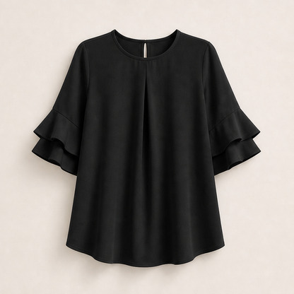 Light Blue Ruffle Sleeve Blouse | Tiered Bell Sleeve Top for Women - Round Neck with Front Pleat Black