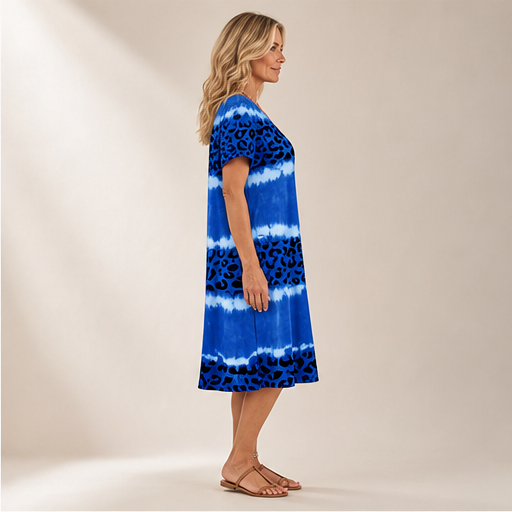 Blue Tie-Dye Leopard Print V-Neck Dress | Casual Shift Dress for Women - Short Sleeve Midi lifestyle