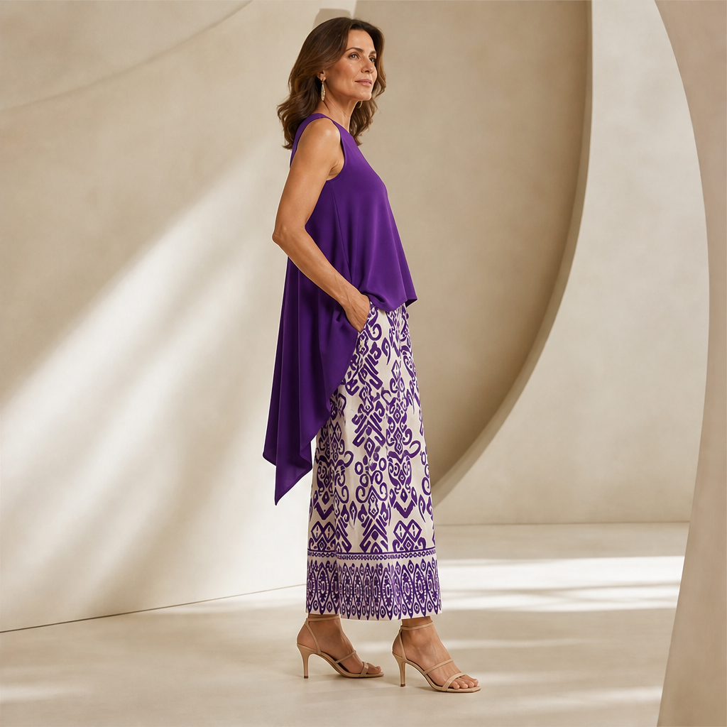Purple Sleeveless Top & Wide Leg Trouser Set | Ikat Print Two-Piece Outfit for Women lifestyle