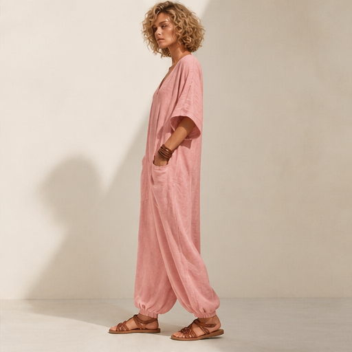 Rose V-Neck Jumpsuit | Relaxed Linen-Blend Playsuit for Women - Wide Leg with Pockets lifestyle