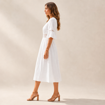 White V-Neck Midi Dress | Lace Cutout Textured Cotton Dress - Flutter Sleeve lifestyle