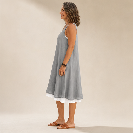Grey Sleeveless Midi Dress | Fake 2-Piece Linen Blend A-Line - Mock Layered Hem with Pockets lifestyle