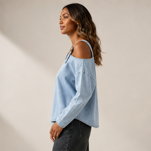Light Blue Denim Off-Shoulder Top | Women's Buckle Strap Blouse - Long Sleeve Cropped Style lifestyle