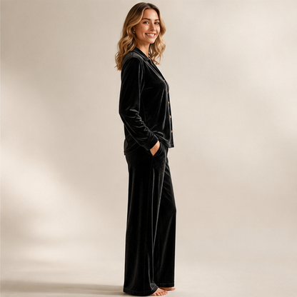 Black Velvet Loungeset | Two-Piece Shirt & Wide Leg Trouser Set for Women lifestyle