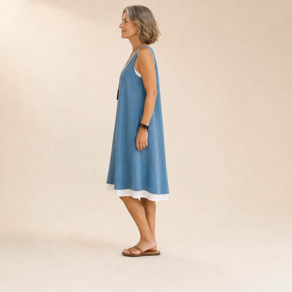 Chambray Blue Layered Tank Dress | Fake Two Piece Sleeveless Summer Dress - Loose Fit Cotton Linen lifestyle