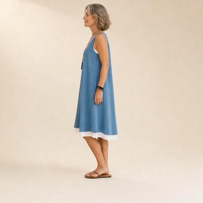 Chambray Blue Layered Tank Dress | Fake Two Piece Sleeveless Summer Dress - Loose Fit Cotton Linen lifestyle