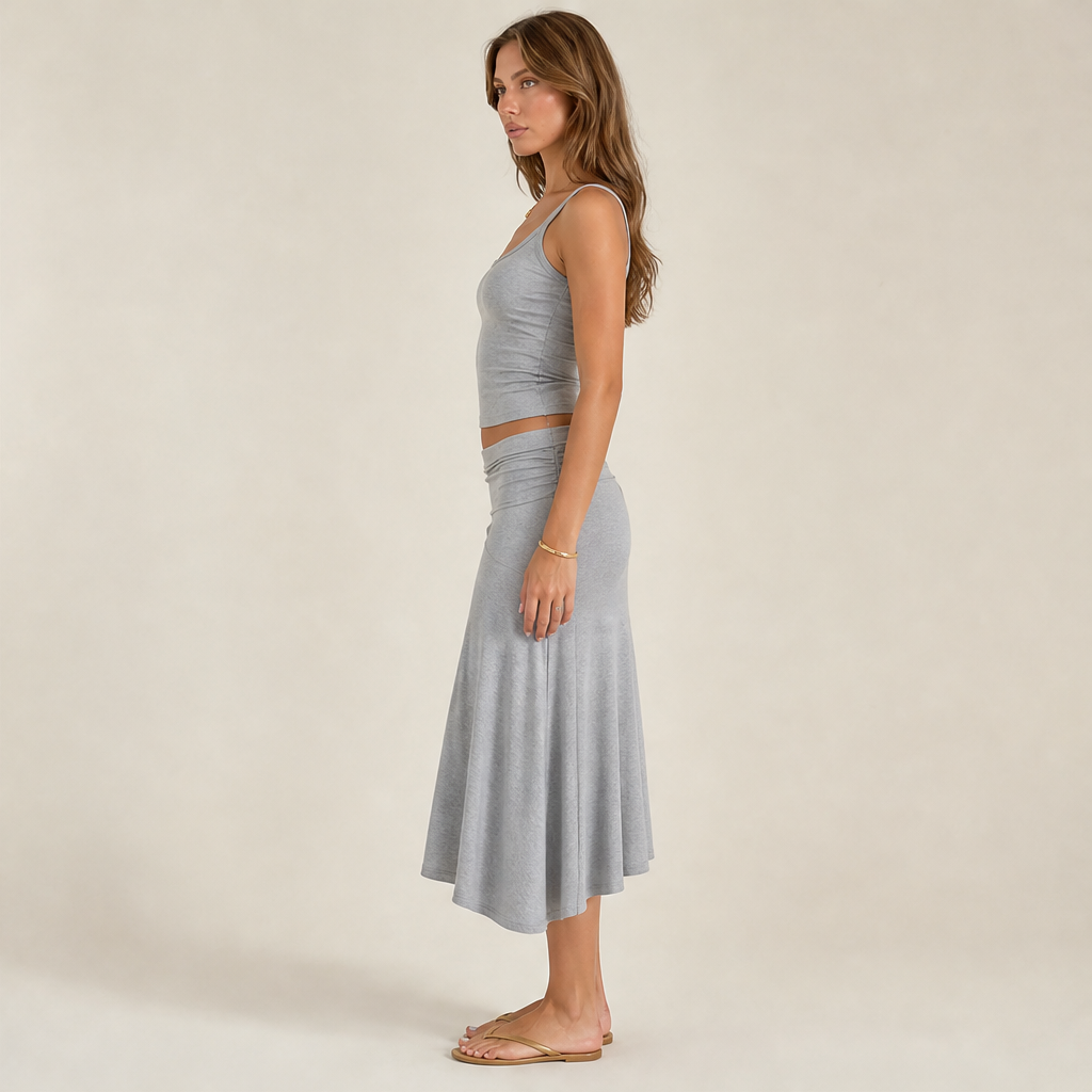 Grey Cami & Flared Midi Skirt Set | Two-Piece Matching Set - Ribbed Cami Top with Flowy Skirt lifestyle