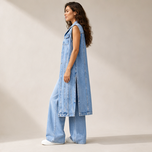 Light Wash Denim Vest Dress | Sleeveless Longline Jean Jacket - High Slit Midi lifestyle