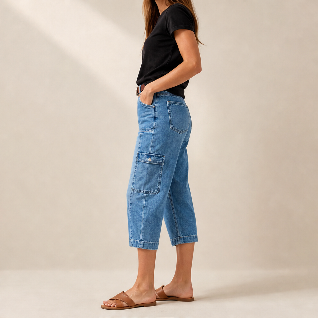 Light Blue Denim Cropped Jeans | Stretchy Cargo Capri Trousers for Women - Cropped Length lifestyle