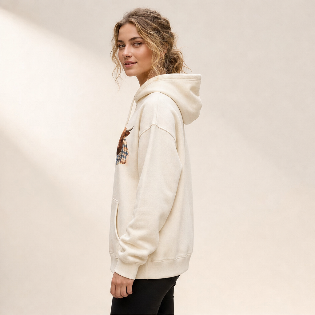 Highland Cow Hoodie | Cosy Fleece-Lined Sweatshirt for Women - Oversized Fit with Chest Print lifestyle