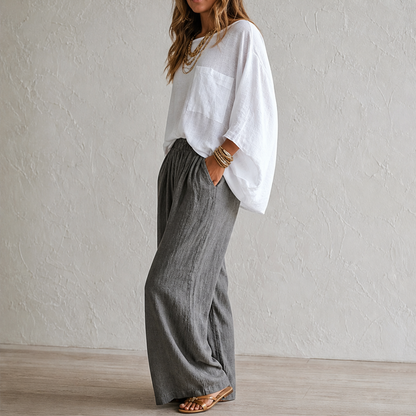 Marisol Women's Loose Top and Elastic Waist Wide Leg Trouser Suit - Rayon Blend Two-Piece Co-ord Set lifestyle