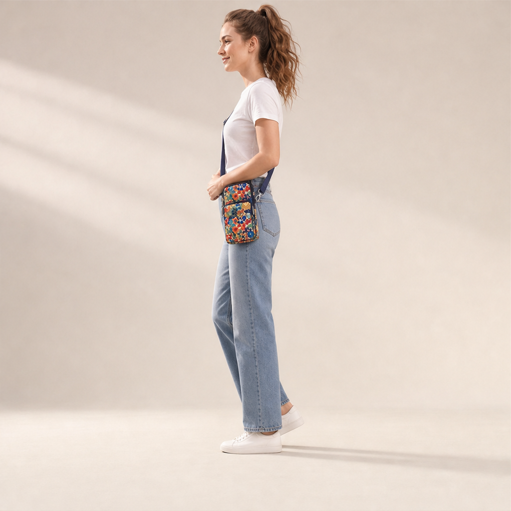 Floral Mini Crossbody Bag | Phone Bag with Armband Strap - 3 Zip Compartments lifestyle