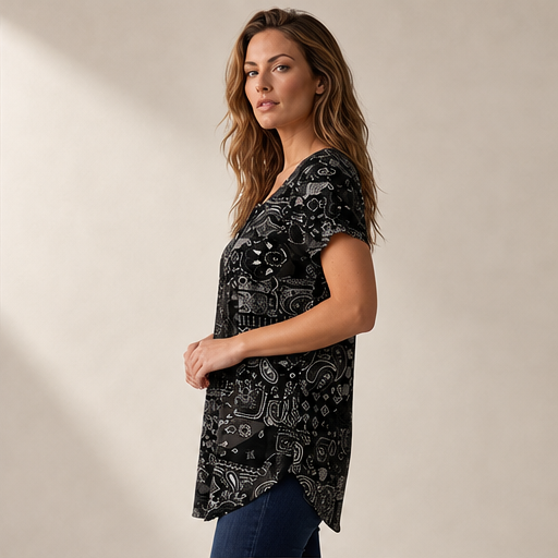 Black Paisley Print V-Neck Top | Casual Short Sleeve Blouse for Women - Relaxed Fit Henley Tunic lifestyle