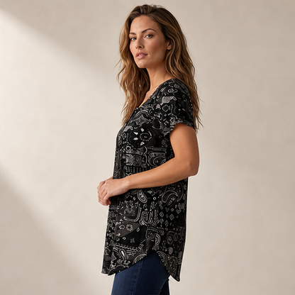 Black Paisley Print V-Neck Top | Casual Short Sleeve Blouse for Women - Relaxed Fit Henley Tunic lifestyle