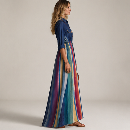 Navy Collar Rainbow Stripe Maxi Dress | Boho Shirt Dress with Elastic Waist - Long Length Split Skirt lifestyle