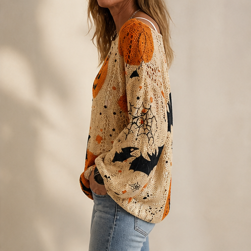 Black Pumpkin Print Sweater | Halloween Crochet Cutout Knit Top - Oversized Long Sleeve for Women lifestyle