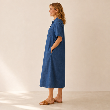 Denim Midi Shirt Dress | Casual Short Sleeve Dress with Pockets - Relaxed Fit lifestyle
