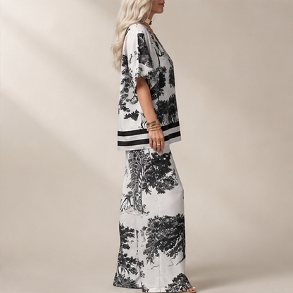 White Printed V-Neck Top and Trousers Set | Casual Two-Piece Loungewear - Wide Leg Matching Set lifestyle