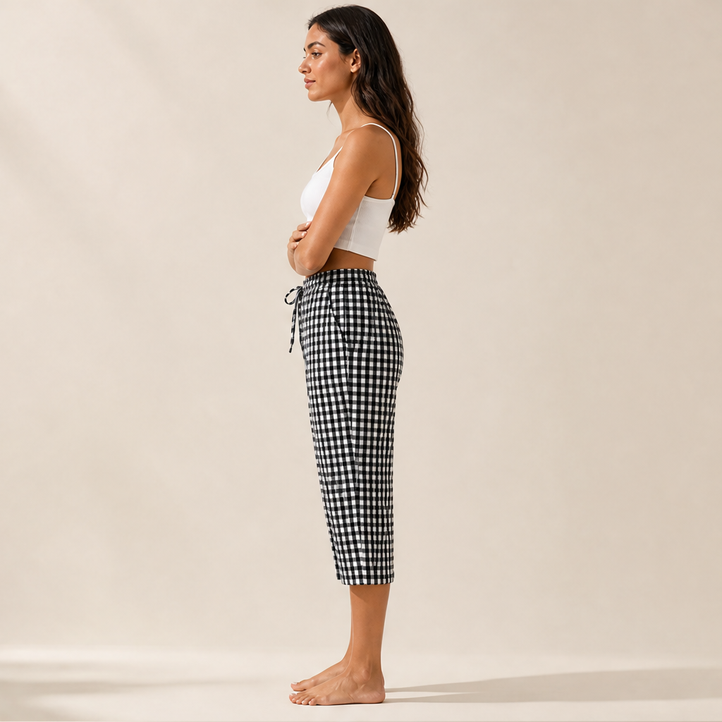 Gingley Women's Cotton-Linen Gingham Capri Pants with Pockets - Drawstring Elastic Waist Summer Trousers lifestyle