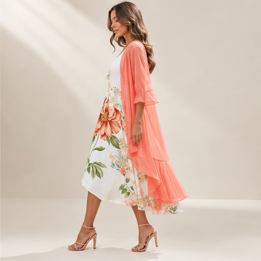 Coral Floral Swing Dress | Two-Piece Maxi Dress with Chiffon Cover-Up - Lace Detail lifestyle