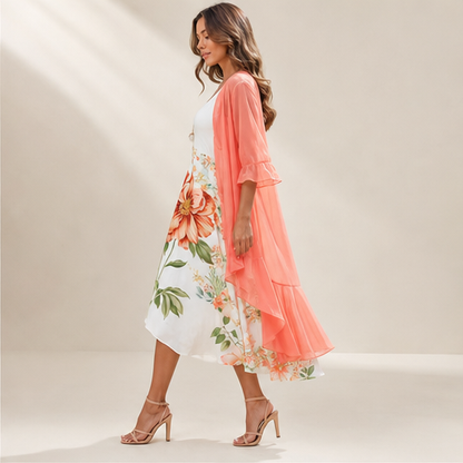 Coral Floral Swing Dress | Two-Piece Maxi Dress with Chiffon Cover-Up - Lace Detail lifestyle
