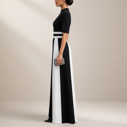 Black White Striped Maxi Dress | Mock Neck Formal Gown - Short Sleeve Colour Block Evening Dress lifestyle