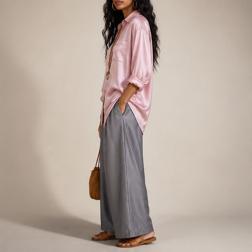 Pink Satin Oversized Shirt Set | Two-Piece Matching Set - Wide Leg Trousers lifestyle