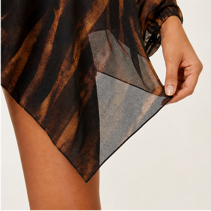 Brown Tiger Print Shawl Top & Skirt Set | Asymmetric One-Shoulder Two-Piece - Sheer Mesh Evening Wear detail