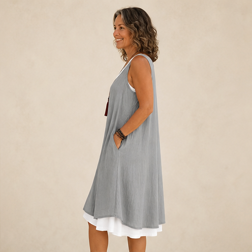Grey Layered Hem Swing Dress | Sleeveless Linen-Blend Mock Two-Piece - A-Line with Pockets lifestyle