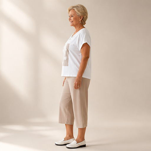 Beige Cropped Trouser & Top Set | Casual Two-Piece Outfit for Women - V-Neck Tee with Wide-Leg Culottes lifestyle