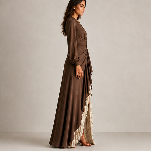 Brown Wrap V-Neck Maxi Dress | Lantern Sleeve Formal Gown - Ruffle Slit Two-Layer Skirt lifestyle