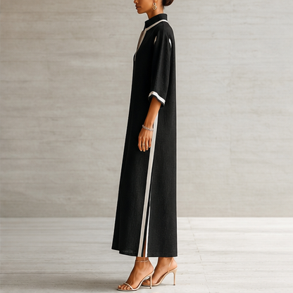 Black Colour Block Maxi Dress | V Neck Stand Collar Linen-Blend - Three Quarter Sleeve lifestyle