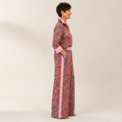 Pink Paisley Two-Piece Set | Contrast-Stripe Wide-Leg Trouser & Top - Women's Matching Set lifestyle