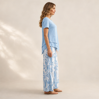 Blue Layered Tunic Top and Wide Leg Trouser Set | Round Neck Two-Piece Outfit for Women lifestyle