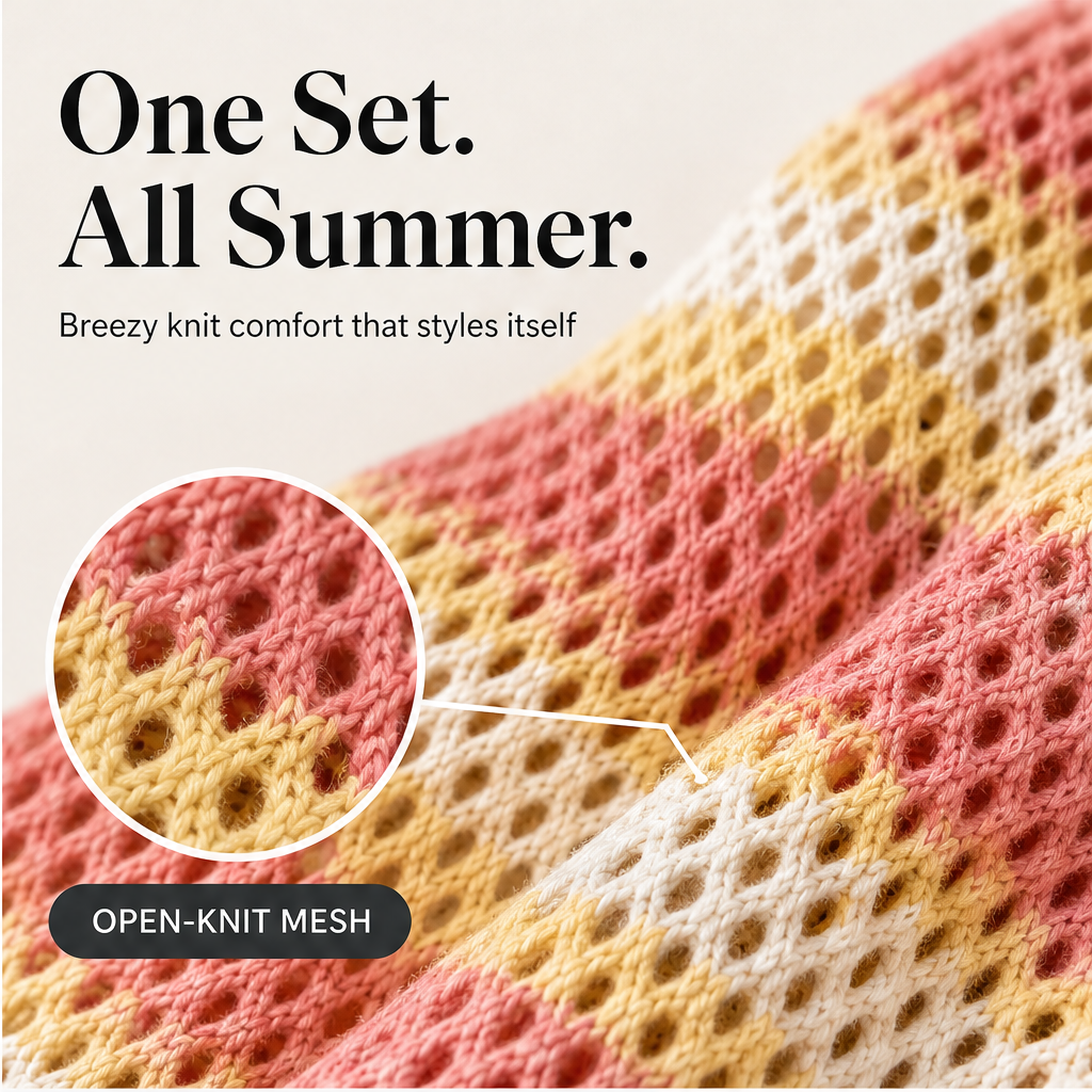 Marisol Women's Open-Knit Short Sleeve Top & Shorts Set - Crochet-Style Striped Two-Piece Summer Loungewear features