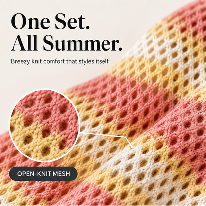 Marisol Women's Open-Knit Short Sleeve Top & Shorts Set - Crochet-Style Striped Two-Piece Summer Loungewear features