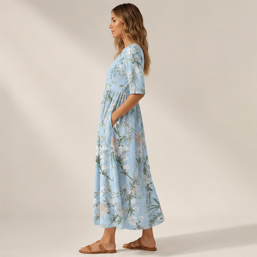 Blue Floral Wide Leg Trousers | Women's High-Waisted Palazzo Pants - Elegant Print with Pockets lifestyle