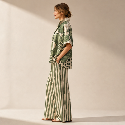 Green Floral Print Two-Piece Set | Short Sleeve Top & Wide Leg Trousers - Women's Loose Fit Matching Set lifestyle