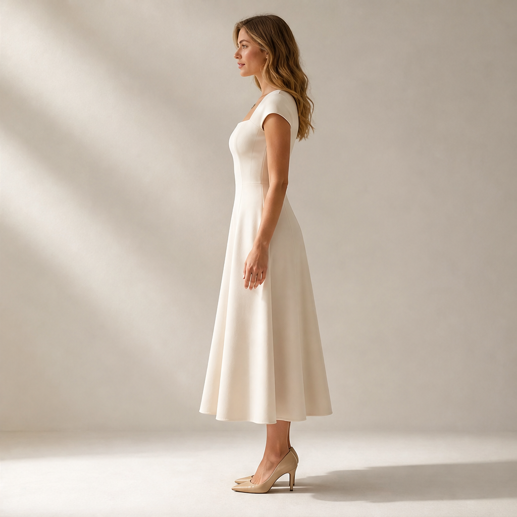 Black Square Neck A-Line Dress | Elegant Cap Sleeve Midi - Slim Fit Long Dress lifestyle