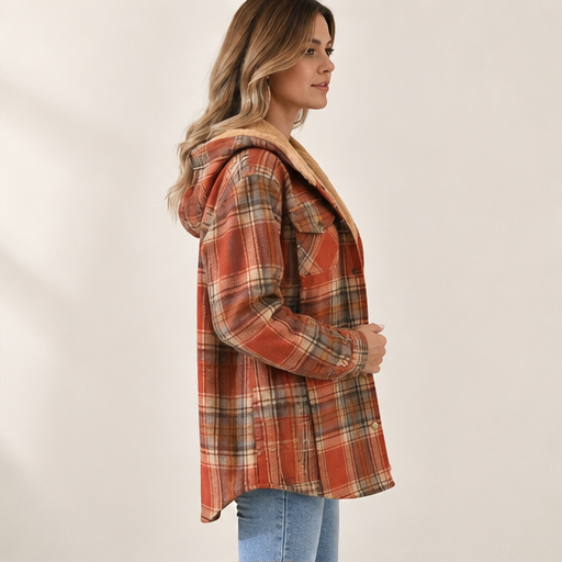 Rust Plaid Flannel Shacket | Hooded Sherpa-Lined Jacket for Women - Thick Checked Coat lifestyle