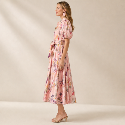 Pink Floral Belted Midi Shirt Dress | Puff Sleeve Botanical Print - Collared Tea Dress with Tie Waist lifestyle