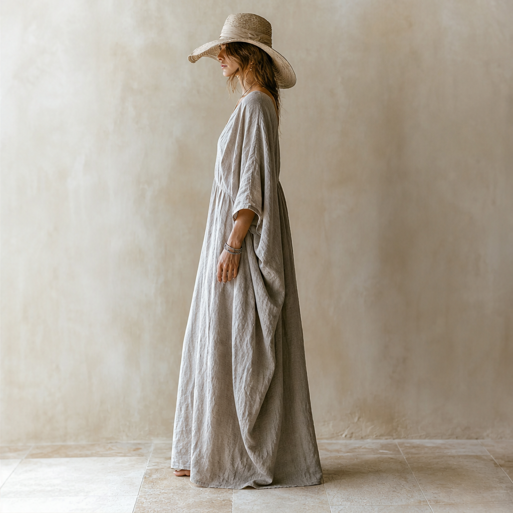 Marlowe Women's Loose-Fitting Linen Cocoon-Style Batwing Sleeve Maxi Kaftan Dress lifestyle