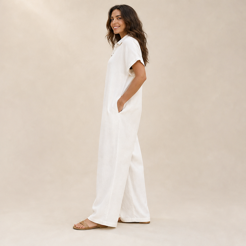 Marielle Women's Casual Wide-Leg Button-Front Linen-Look Jumpsuit - Short Sleeve Collared Loose Fit Jumpsuit lifestyle