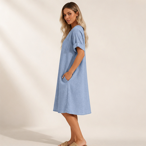 Blue V-Neck A-Line Dress | Cotton-Linen Midi with Pockets - Button Placket, Roll-Sleeve lifestyle