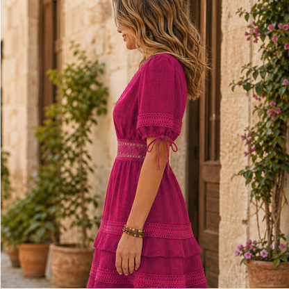 Marisol Women's V-Neck Lace Trim Puff Sleeve Tiered Ruffle Linen-Look Dress lifestyle