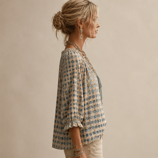 Beige Print Polka Dot Blouse | Lace-Up V-Neck Top - 3/4 Sleeve Boho Style lifestyle