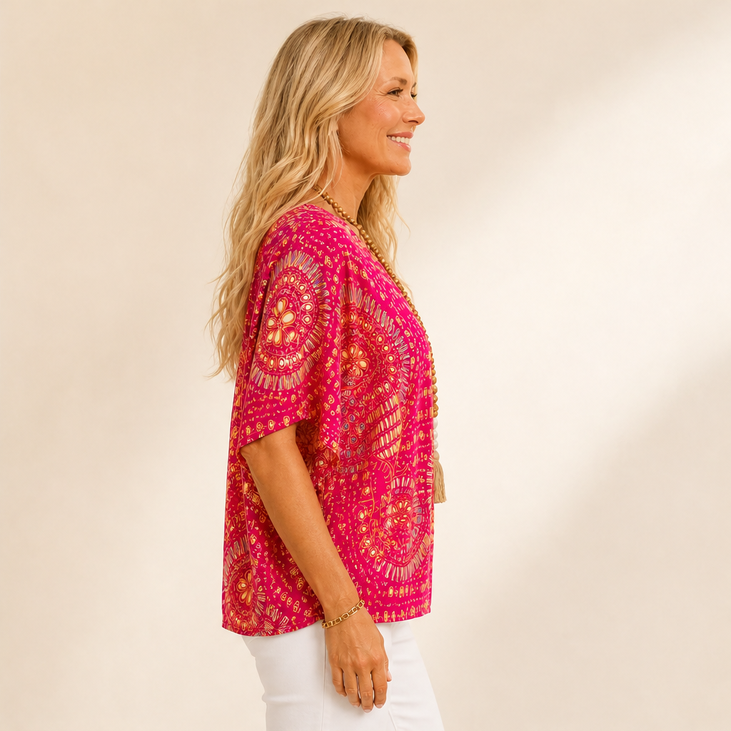 Fuchsia Floral Print Dolman Top | V-Neck Boho Blouse for Women - Batwing Sleeve lifestyle